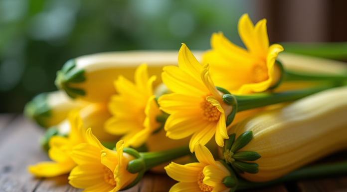 Fleurs de zucchini fraîches sur une table en bois rustique