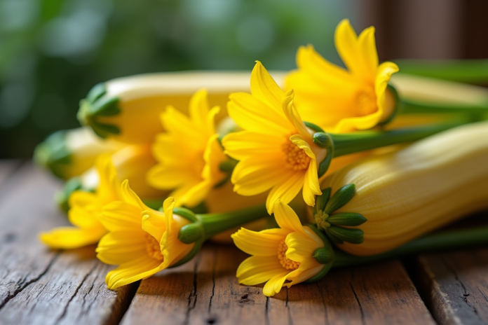fleurs-de-zucchini-fraiches Fleurs de zucchini fraîches sur une table en bois rustique