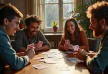 Groupe d'amis jouant aux cartes autour d'une table en intérieur