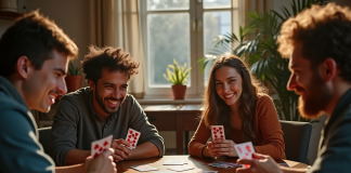 Groupe d'amis jouant aux cartes autour d'une table en intérieur