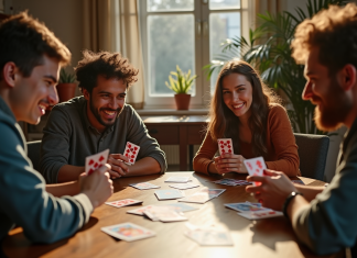 Comment jouer au président : les règles du jeu détaillées Groupe d'amis jouant aux cartes autour d'une table en intérieur