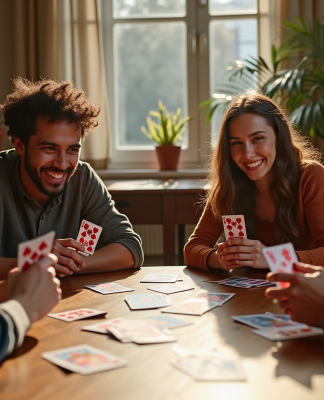 Groupe d'amis jouant aux cartes autour d'une table en intérieur