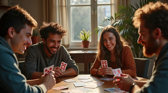 Groupe d'amis jouant aux cartes autour d'une table en intérieur