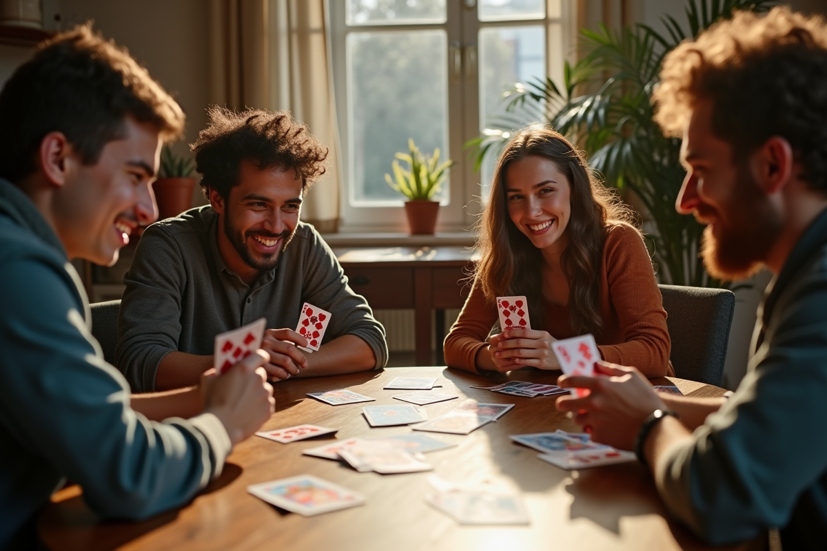 Groupe d'amis jouant aux cartes autour d'une table en intérieur