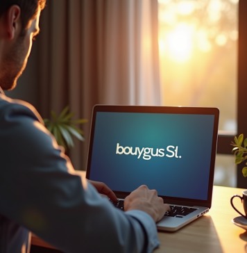 Homme au bureau regardant un écran Bouygues S1 lumineux