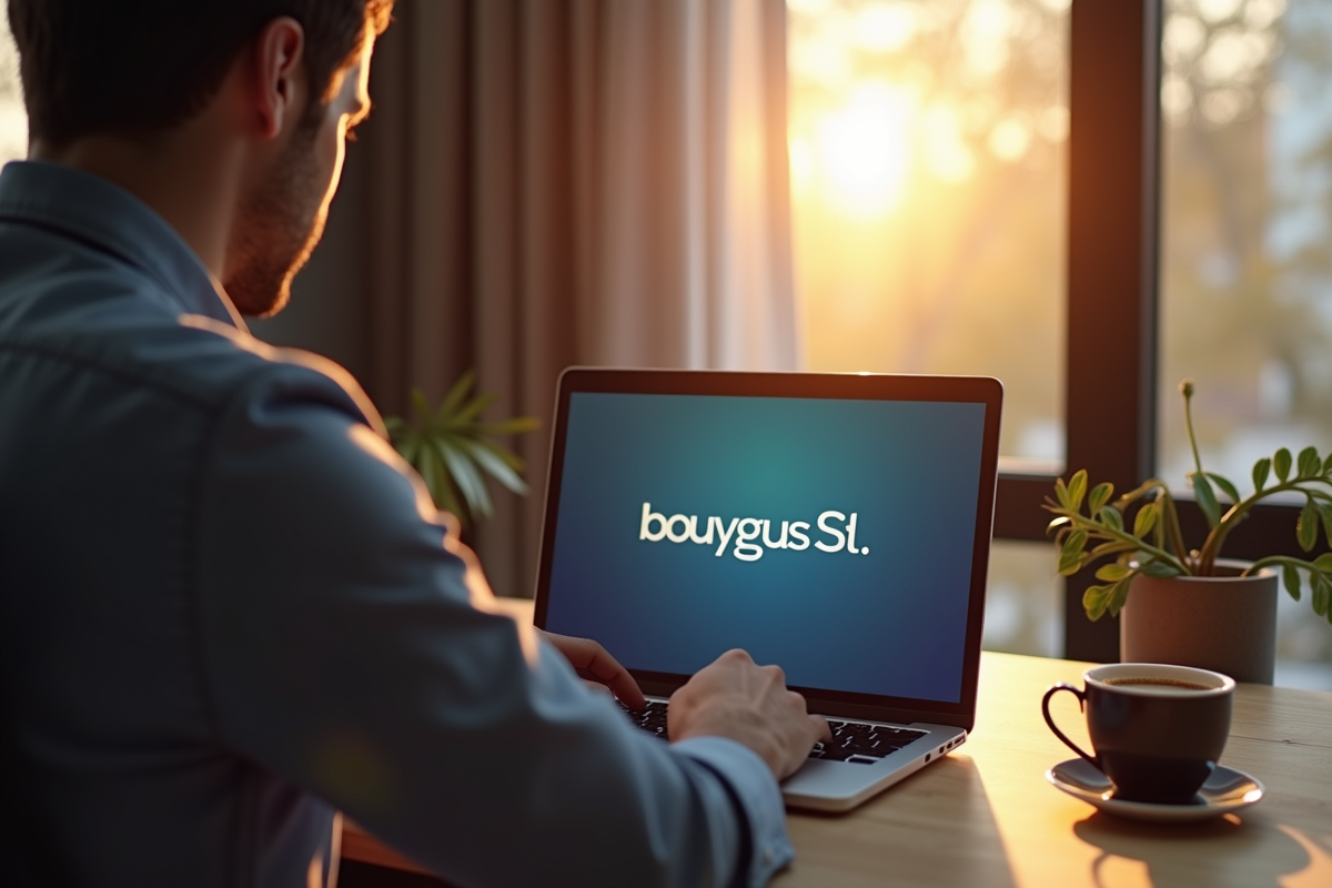 Homme au bureau regardant un écran Bouygues S1 lumineux