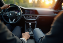 Intérieur moderne de voiture avec levier de vitesse automatique en détail