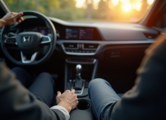 Intérieur moderne de voiture avec levier de vitesse automatique en détail
