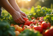 Jardin potager ensoleille avec legumes et fruits a cueillir