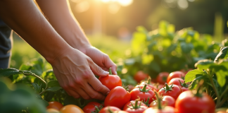 Jardin potager ensoleille avec legumes et fruits a cueillir
