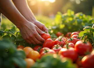 Jardin potager ensoleille avec legumes et fruits a cueillir