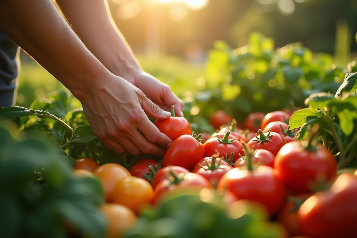 Jardin potager ensoleille avec legumes et fruits a cueillir