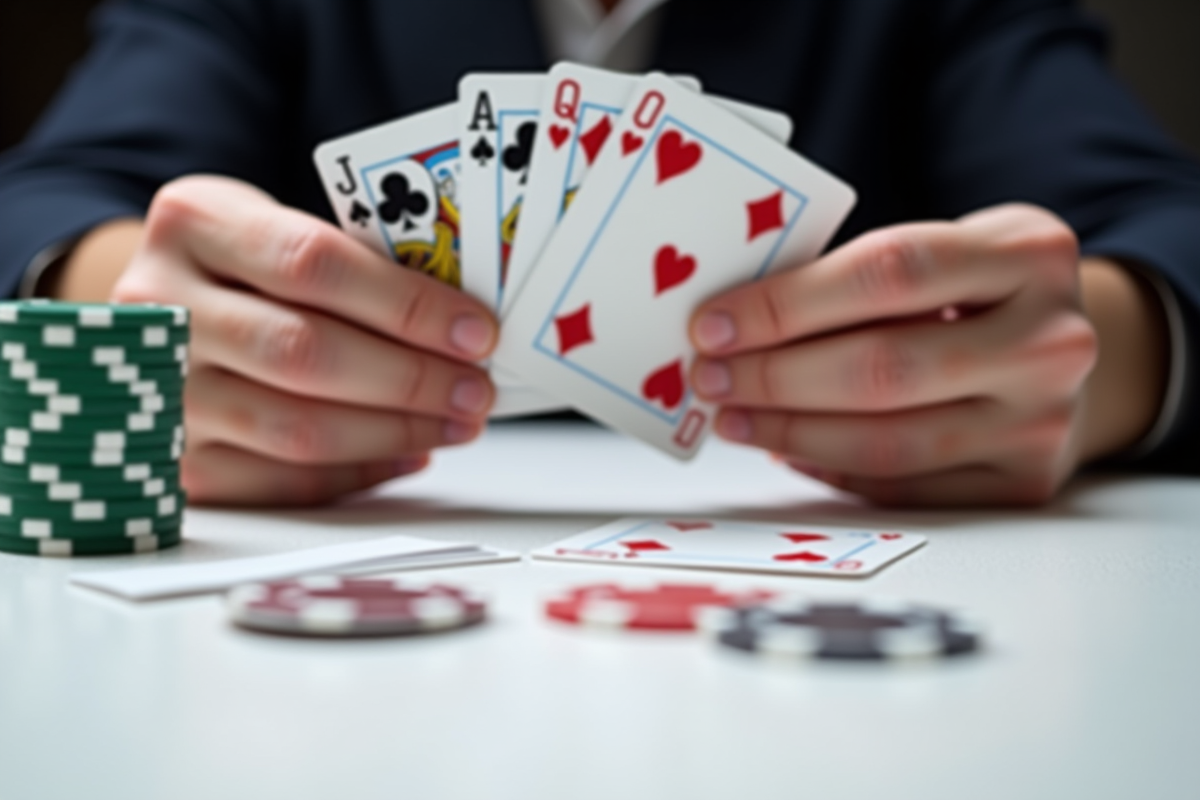 Mains tenant une main gagnante de cartes sur une table blanche