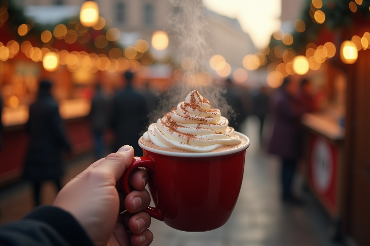 Mains tenant une tasse de chocolat chaud avec chantilly dans une ambiance chaleureuse
