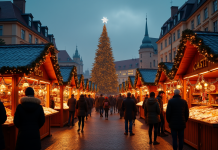 Marché de Noël européen animé en soirée avec lumières festives et grand sapin