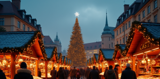 Marché de Noël européen animé en soirée avec lumières festives et grand sapin