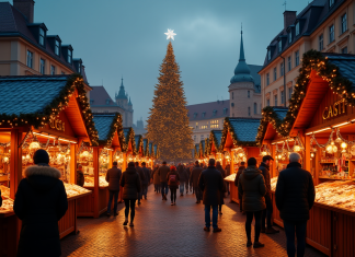 Le plus grand marché de Noël d’Europe : que voir et faire ? Marché de Noël européen animé en soirée avec lumières festives et grand sapin