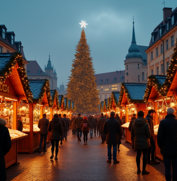 Le plus grand marché de Noël d’Europe : que voir et faire ? Marché de Noël européen animé en soirée avec lumières festives et grand sapin