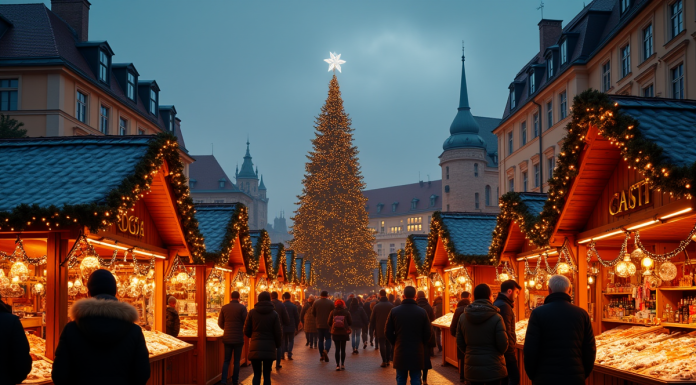 Marché de Noël européen animé en soirée avec lumières festives et grand sapin