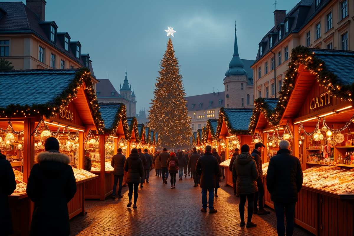 Marché de Noël européen animé en soirée avec lumières festives et grand sapin