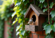 Petit nichoir en bois sur un mur de briques avec un moineau à l'entrée