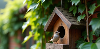 Petit nichoir en bois sur un mur de briques avec un moineau à l'entrée
