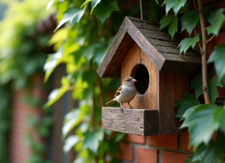 Petit nichoir en bois sur un mur de briques avec un moineau à l'entrée