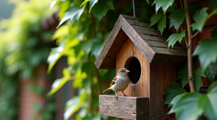 Petit nichoir en bois sur un mur de briques avec un moineau à l'entrée