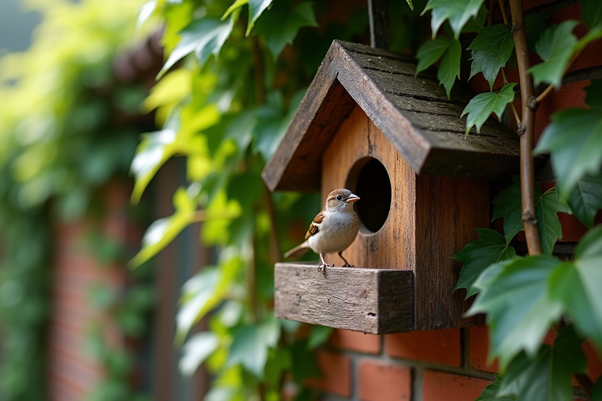 Petit nichoir en bois sur un mur de briques avec un moineau à l'entrée