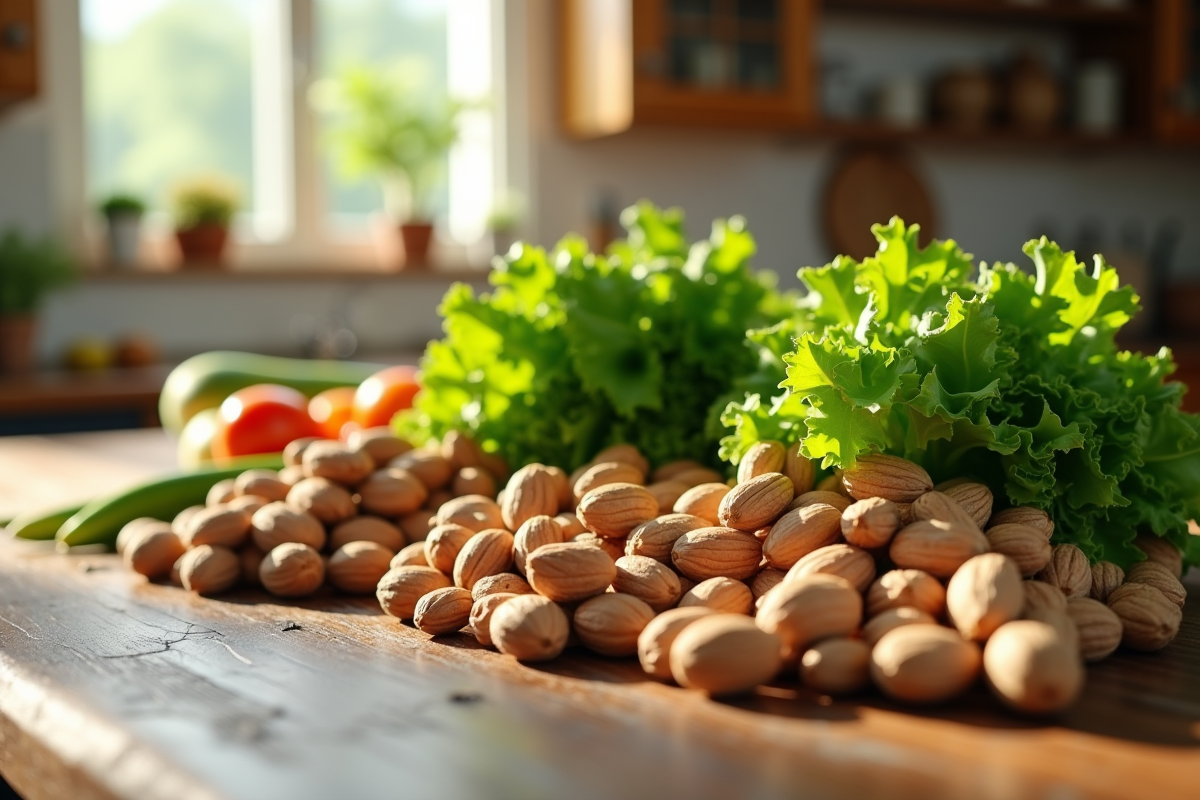 Noix et légumes verts frais sur une table en bois