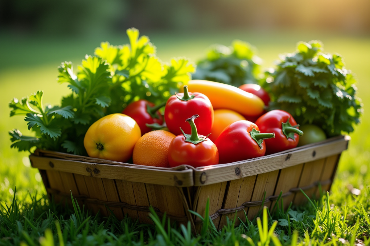 Panier rustique de fruits et legumes frais sur l