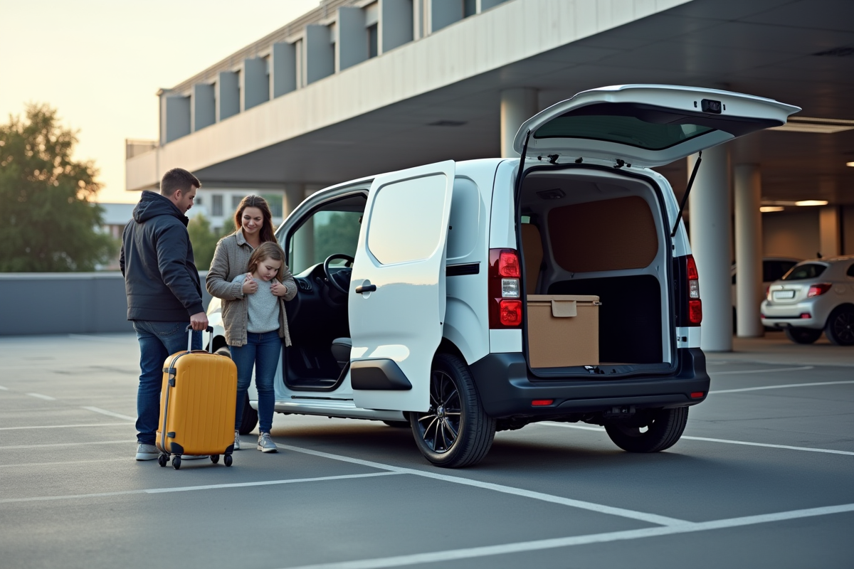 Famille chargeant bagages dans un parking urbain avec le Peugeot