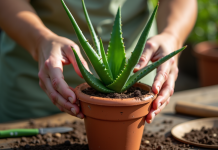 Mains plantant une aloe vera dans un pot en terre cuite lumineux