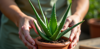 Mains plantant une aloe vera dans un pot en terre cuite lumineux