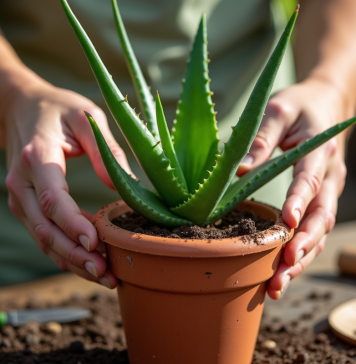 Mains plantant une aloe vera dans un pot en terre cuite lumineux