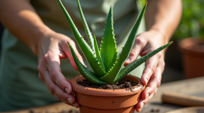 Mains plantant une aloe vera dans un pot en terre cuite lumineux