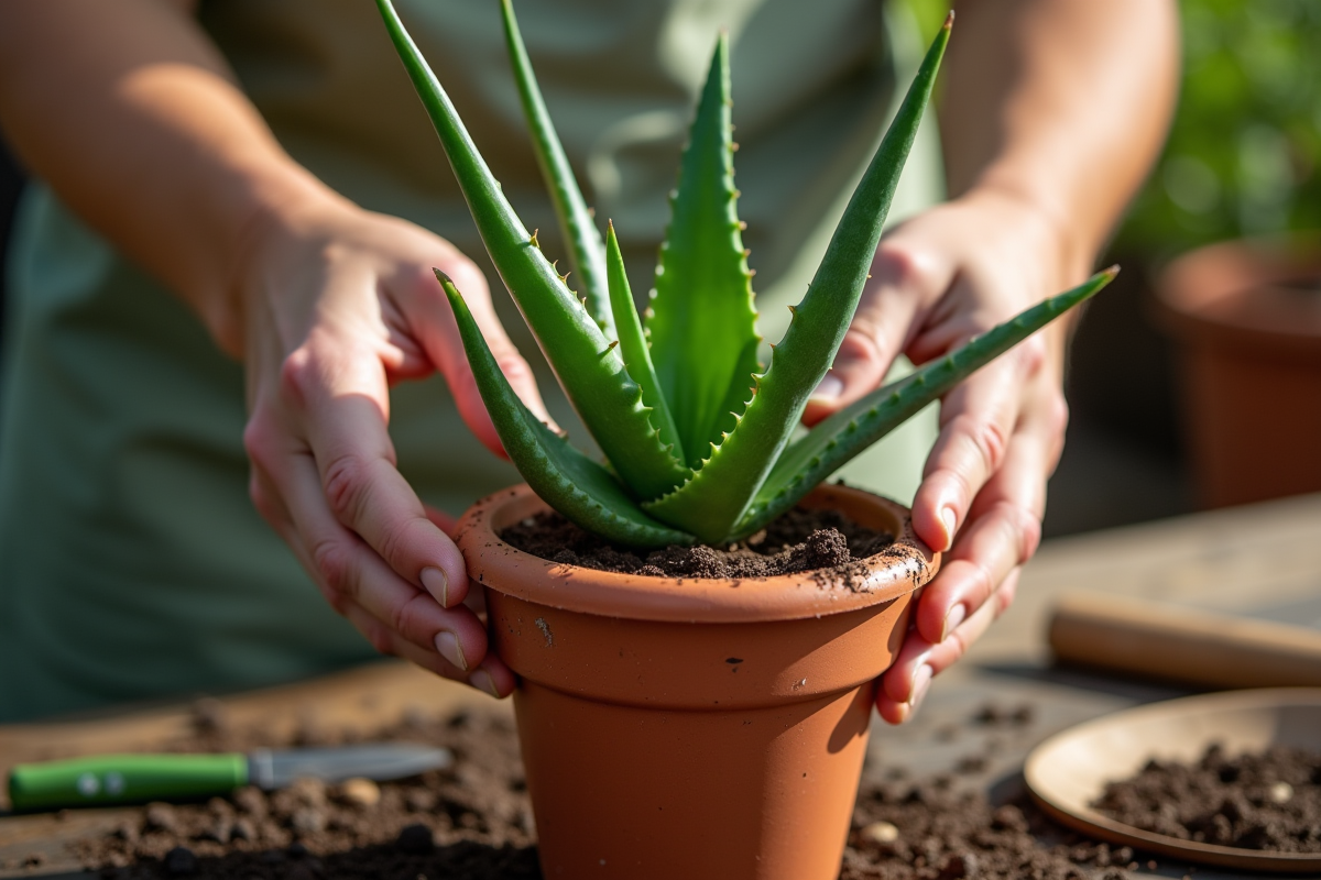 Mains plantant une aloe vera dans un pot en terre cuite lumineux