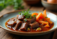 Assiette de boeuf bourguignon avec légumes racines et herbes
