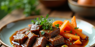 Assiette de boeuf bourguignon avec légumes racines et herbes
