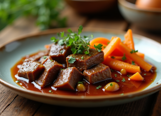 Des idées d’accompagnements innovants pour revisiter le boeuf bourguignon Assiette de boeuf bourguignon avec légumes racines et herbes