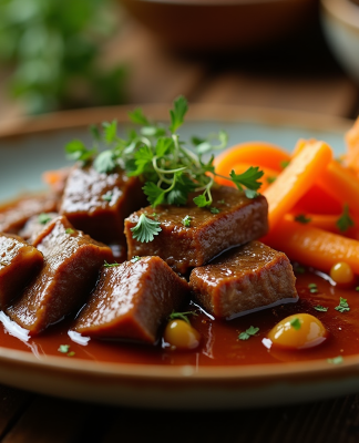 Assiette de boeuf bourguignon avec légumes racines et herbes