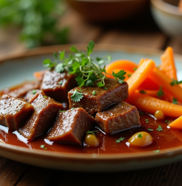 Assiette de boeuf bourguignon avec légumes racines et herbes