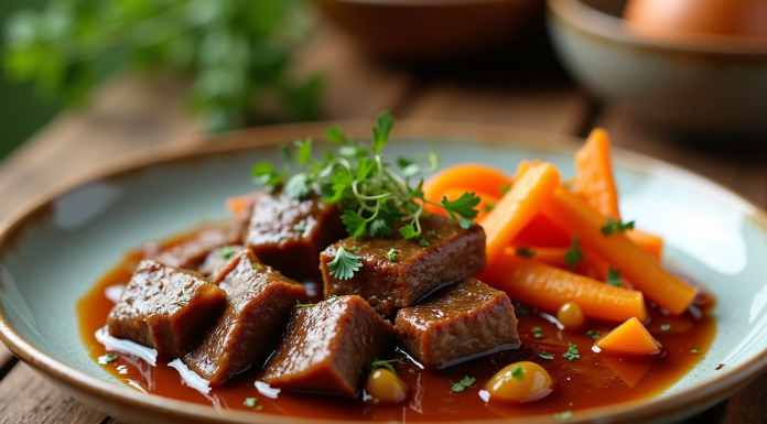 Assiette de boeuf bourguignon avec légumes racines et herbes