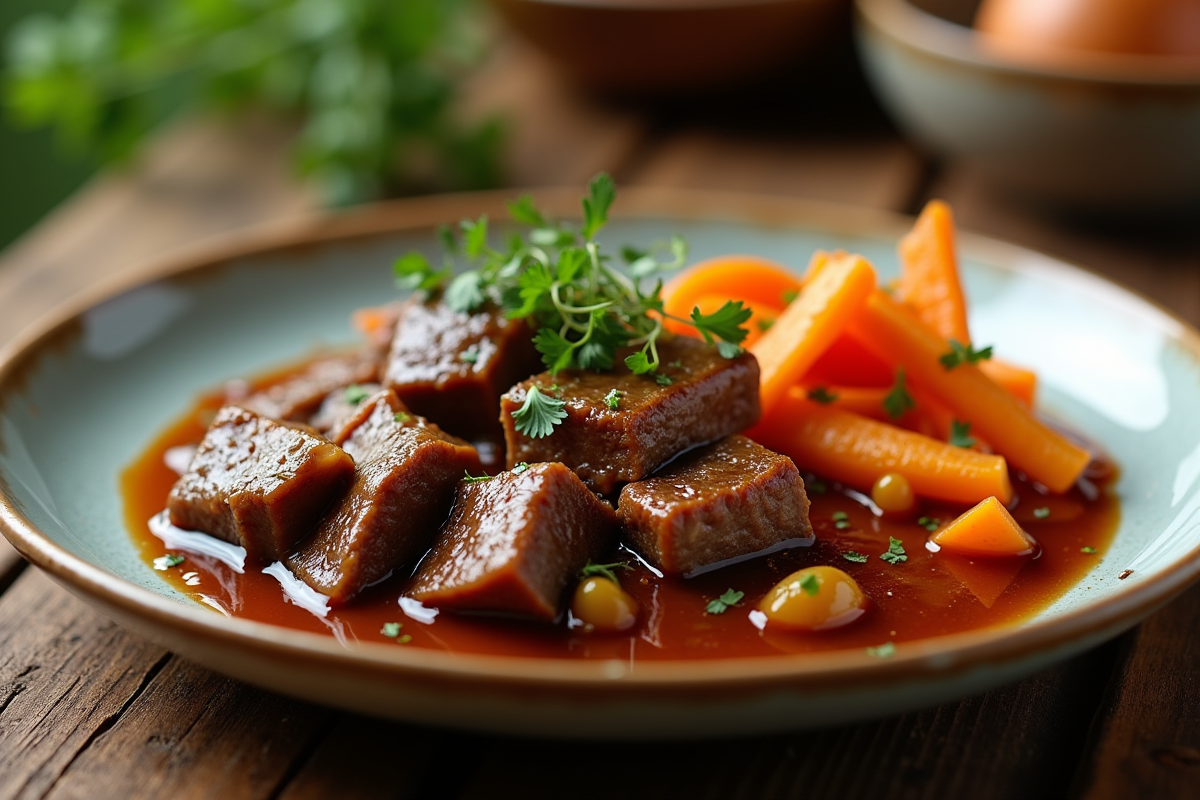 Assiette de boeuf bourguignon avec légumes racines et herbes