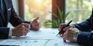 Deux professionnels d'affaires examinant des documents