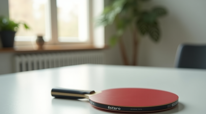 Raquette de tennis de table 6 étoiles sur table blanche
