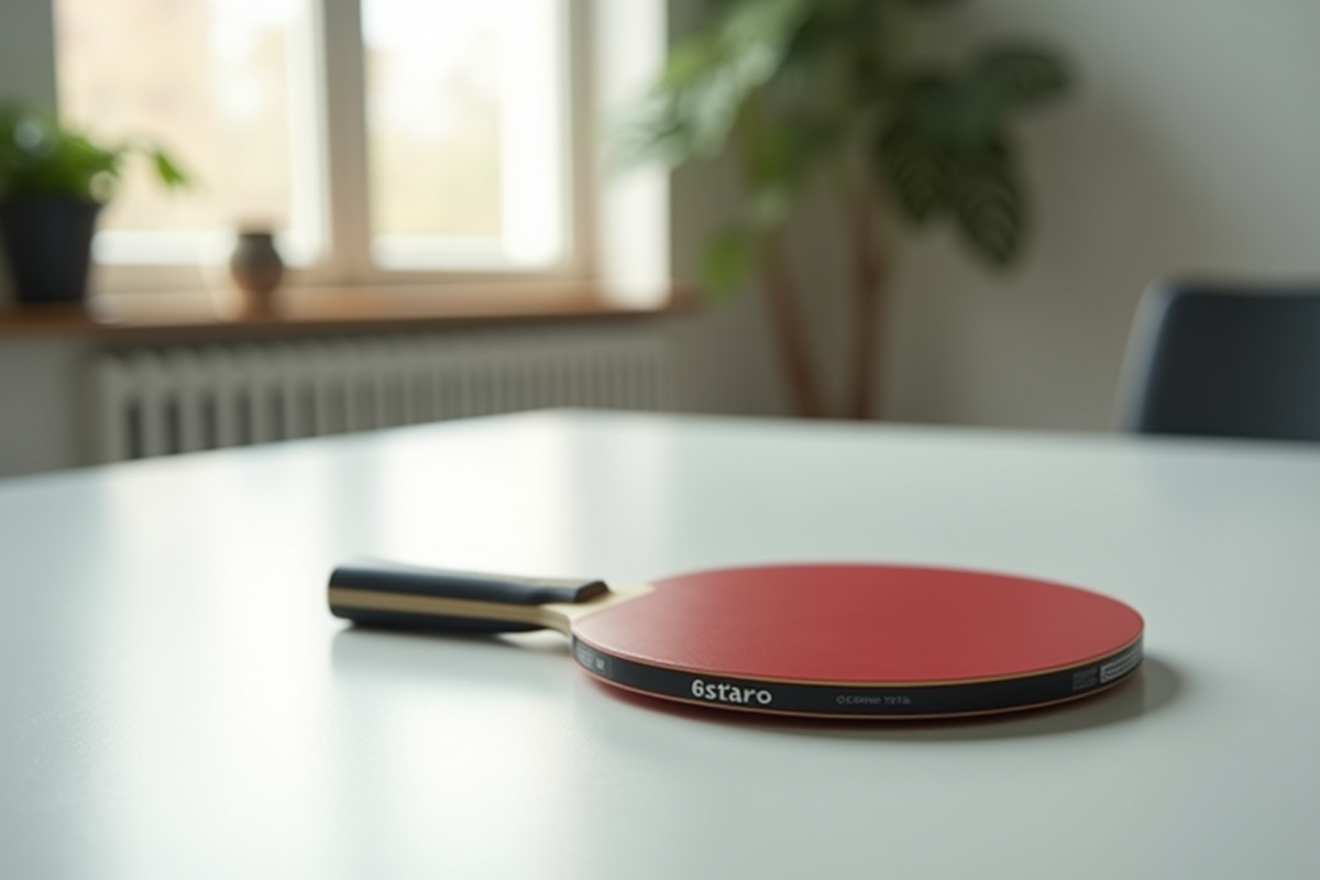 Raquette de tennis de table 6 étoiles sur table blanche