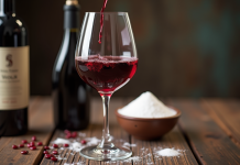 Verre de vin rouge being versé avec bouteille et poudre de sulfite