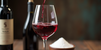 Verre de vin rouge being versé avec bouteille et poudre de sulfite