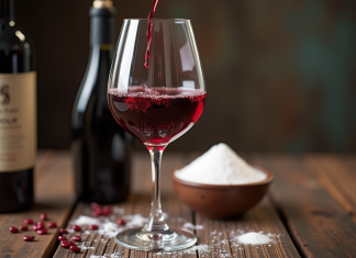 Verre de vin rouge being versé avec bouteille et poudre de sulfite